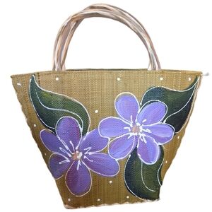 Artisanal Hand-Painted Floral Woven Straw Tote Bag - Boho Resort Tropical Style